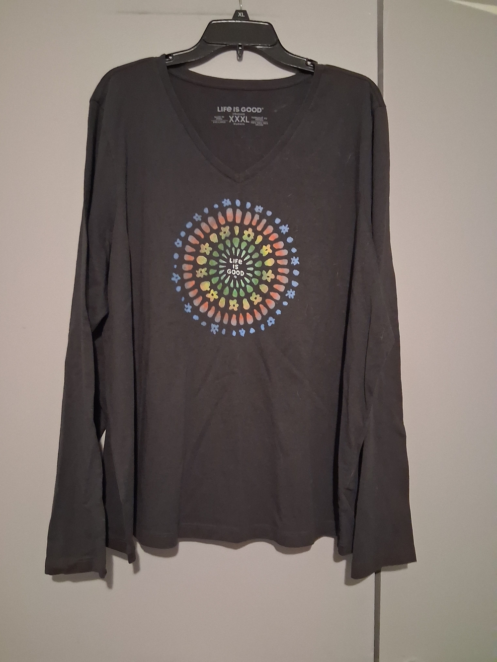 Life is Good Women's Black Long-Sleeve V-Neck Tee with Rainbow Mandala